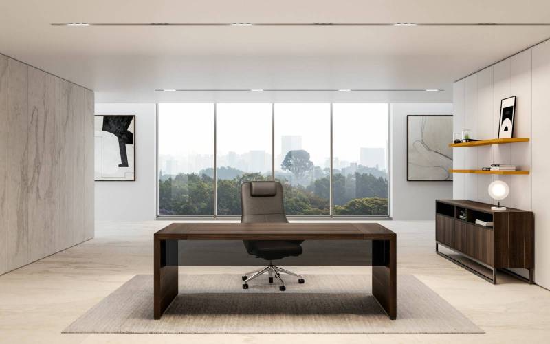 Bureau de direction haut de gamme en bois avec siège cuir contemporain installé à Alès dans le Gard